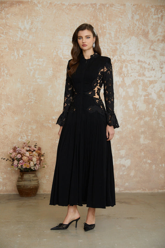 Black Lace Panel Pleated Midi Dress