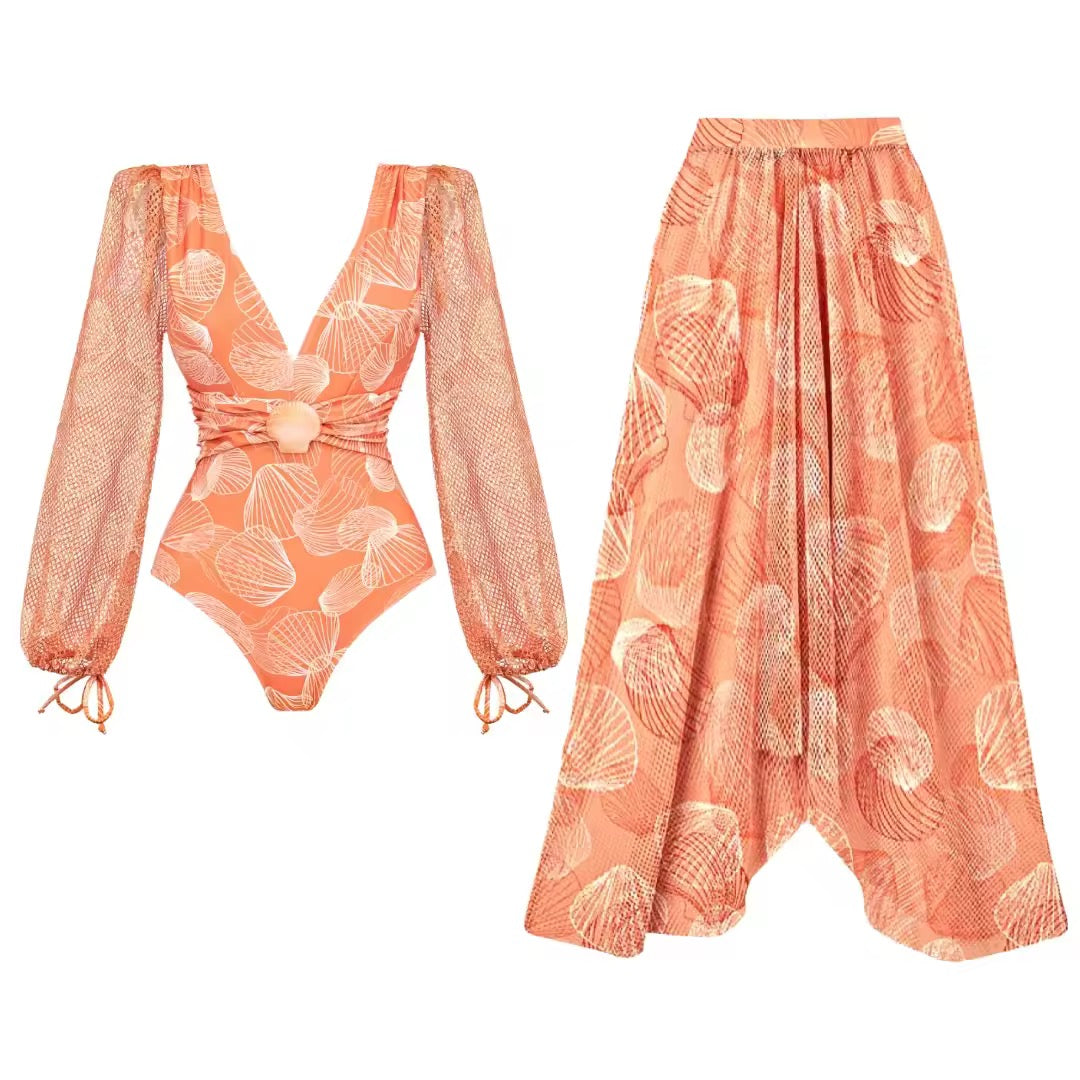 V Neck Shell Print Decor Long Sleeve One Piece Swimsuit and Skirt