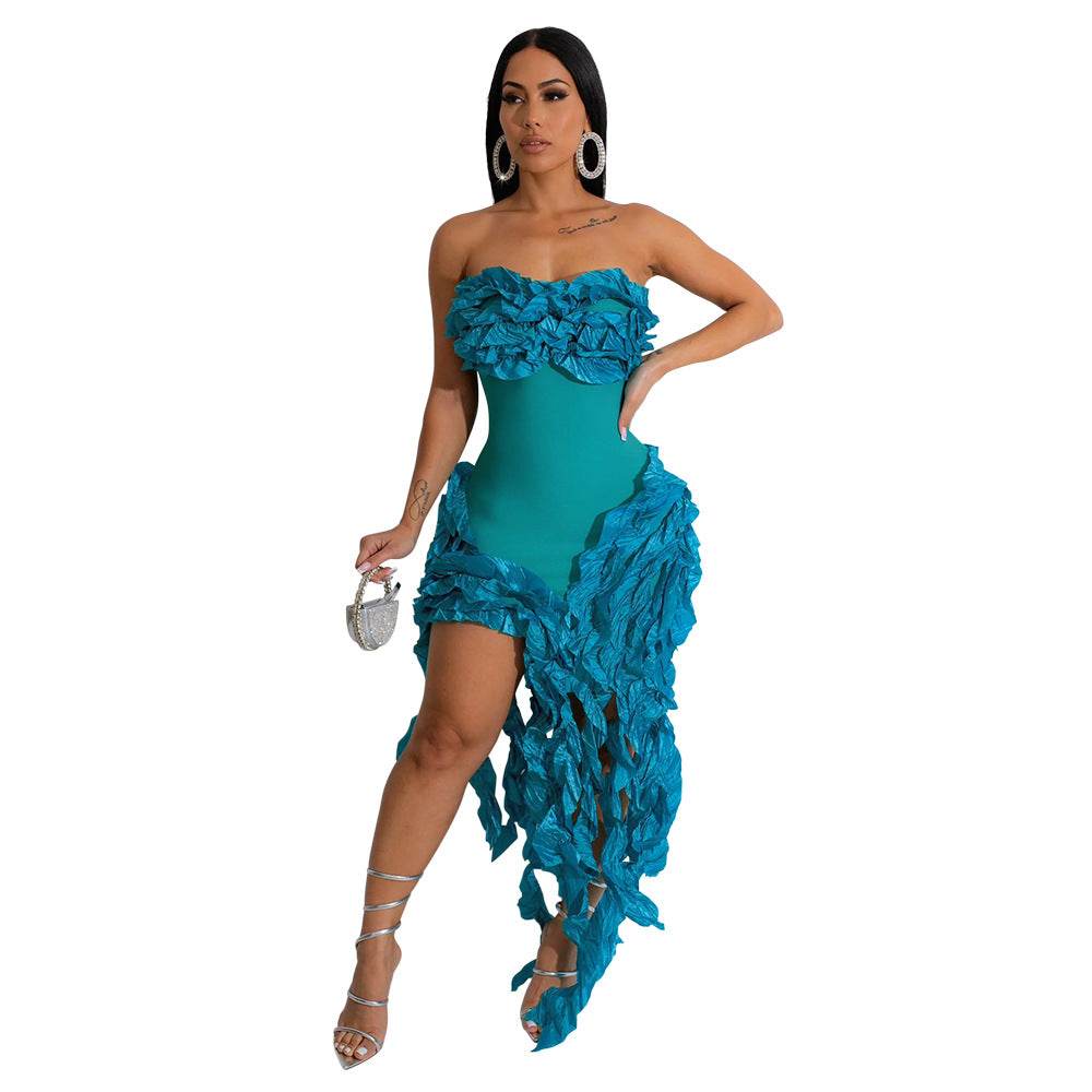 Strapless Ruffles Tassel Splicing Irregular dress - REBECATHELABEL