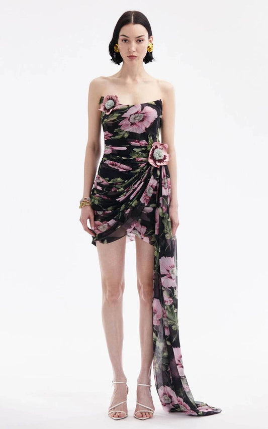 3D Flower Print Strapless Hanging Mesh Sexy Tight Mini Dress - REBECATHELABEL