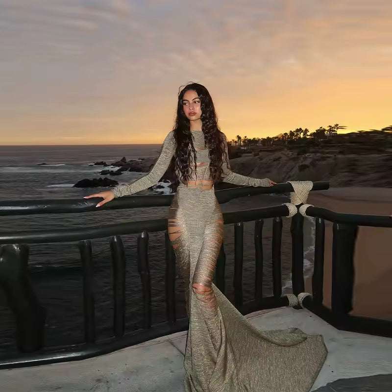 Hollow Out Backless Dress Full Sleeve Slim Floor-length Dress