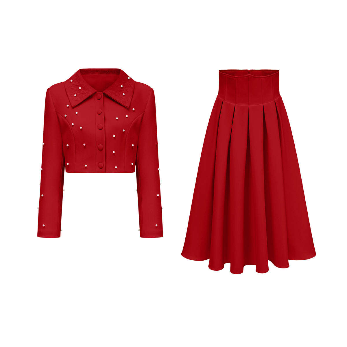 Red Faux Pearl Jacket & Pleated Skirt Set