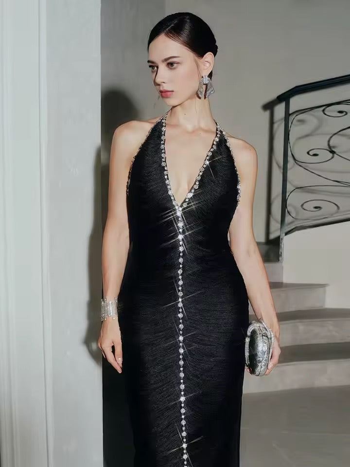 Diamonds Tassels Balck Sexy Halter Backless Bandage Midi Dress