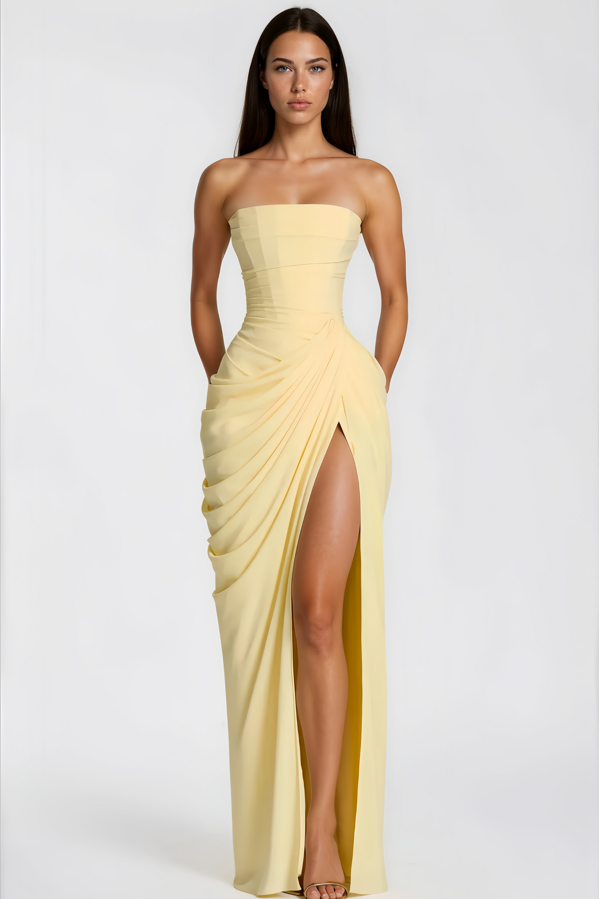 Yellow Ruched Maxi Dress with Cross Front