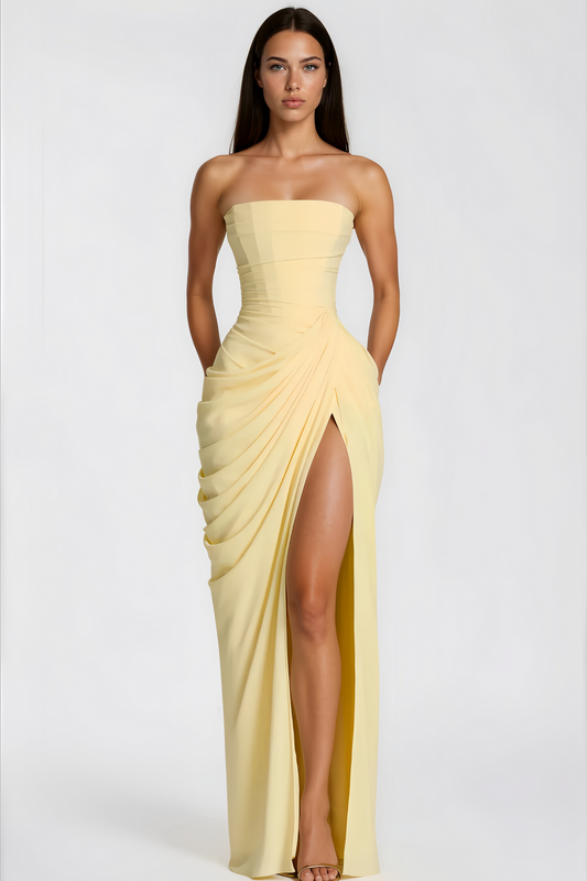 Yellow Ruched Maxi Dress with Cross Front