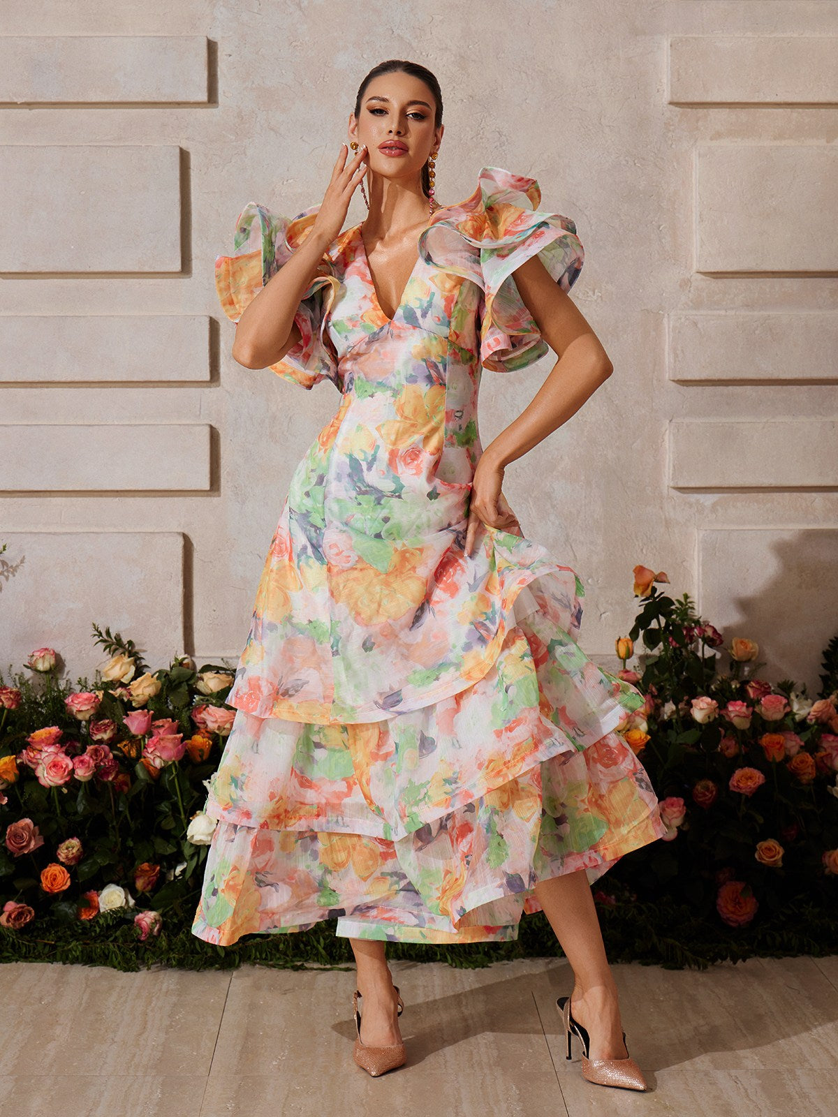 Ruffles V Neck Short Sleeve High Waist Ruched Long