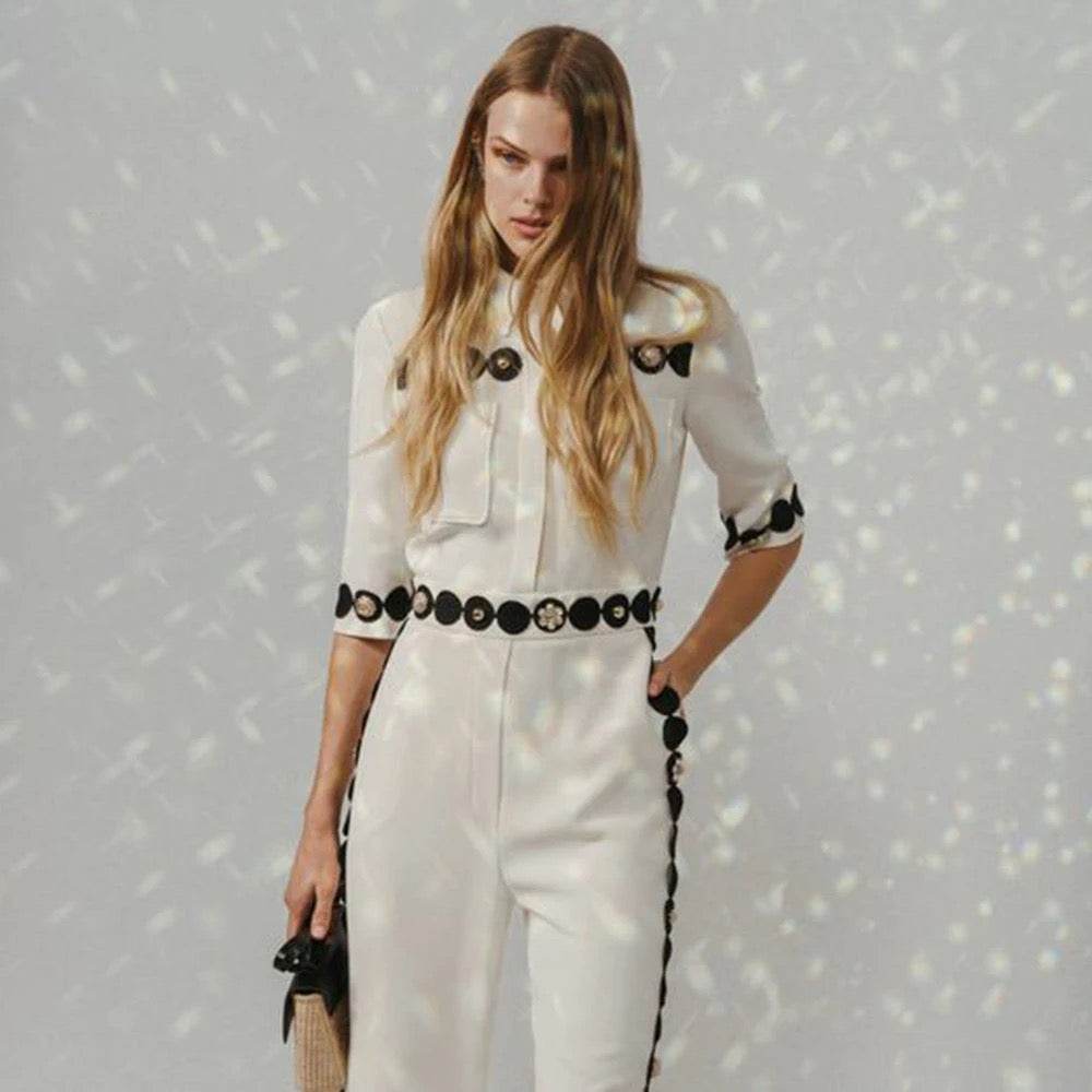 White Flip Collar Button Diamond Sexy Rayon Loose jumpsuit - REBECATHELABEL