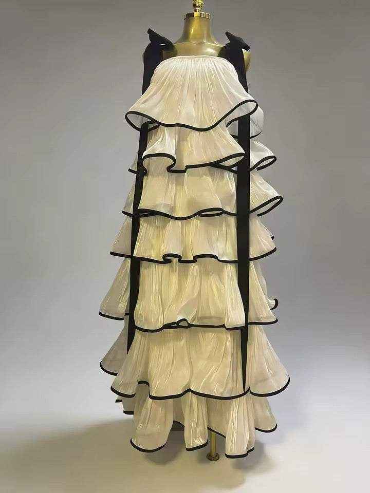 Tiered Ruffles Satin Long Square Neck Sleeveless Bowknot Strap dress