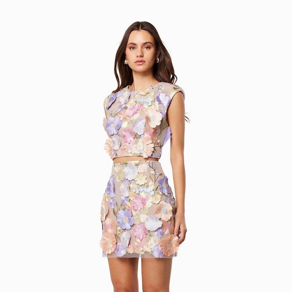 Lace Embroidered Flower Sleeveless Short Top Mini Skirt 2 - REBECATHELABEL