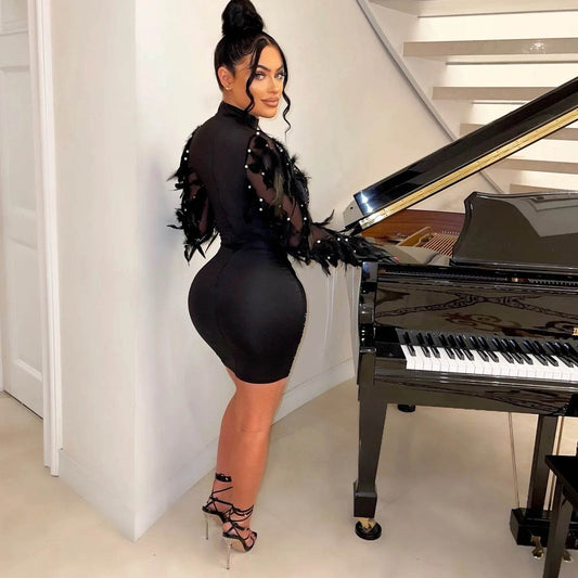 Mesh Rhinestone Long Sleeve Short Dress - REBECATHELABEL