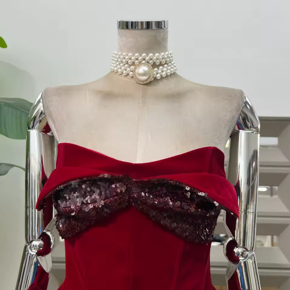 Spaghetti Sequin Velvet Mini Dress