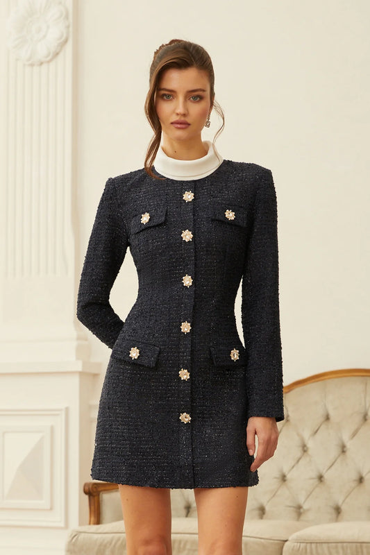 Navy Blue Embellished Tweed Mini Dress