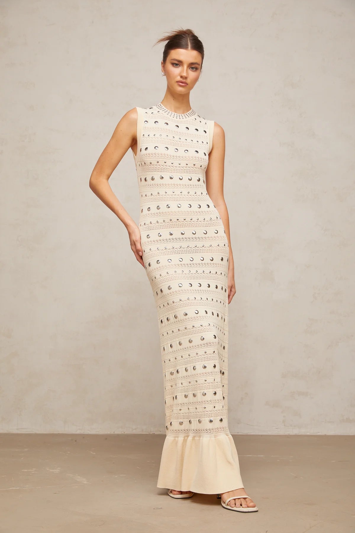 studded crochet-knit maxi dress in Neutrals