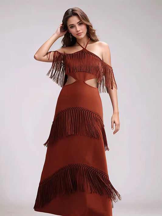 Tassels Solid Maxi Dress Sexy Halter Spaghetti Lady Long Dress