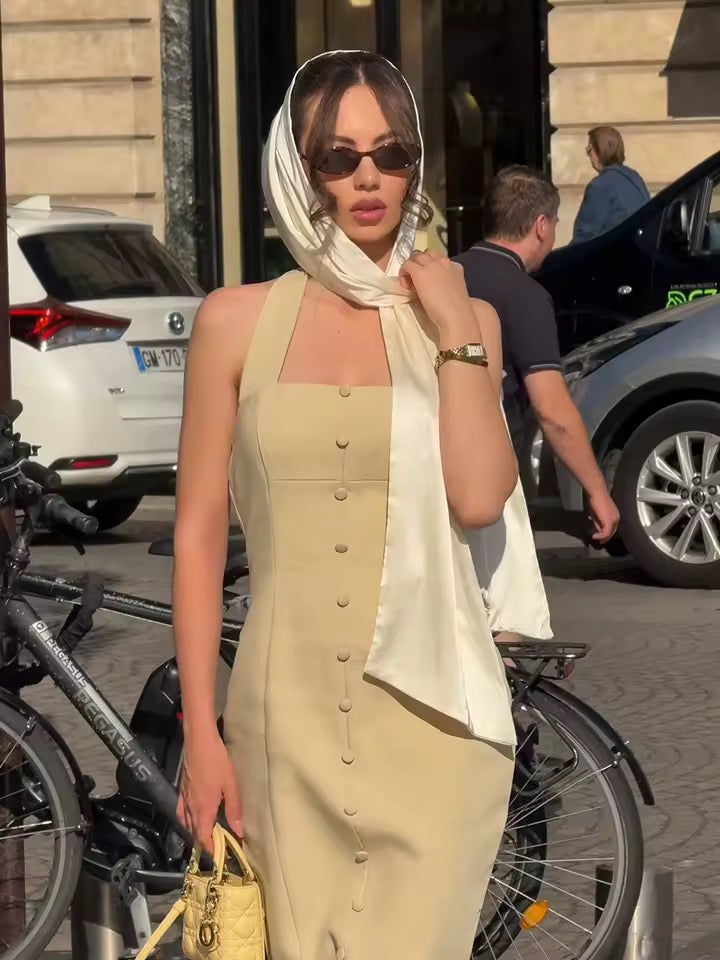 Halter Solid Button Maxi Dress