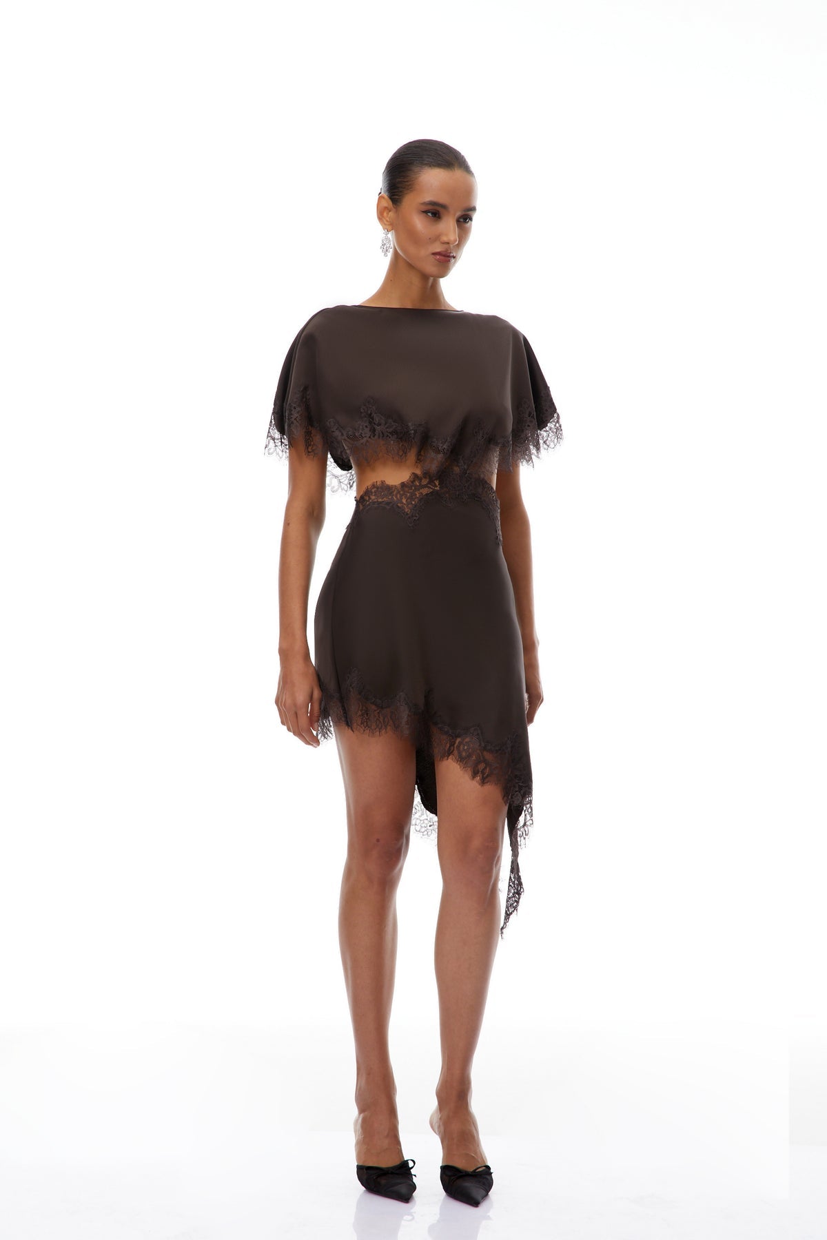 Brown Lace Trim Dress