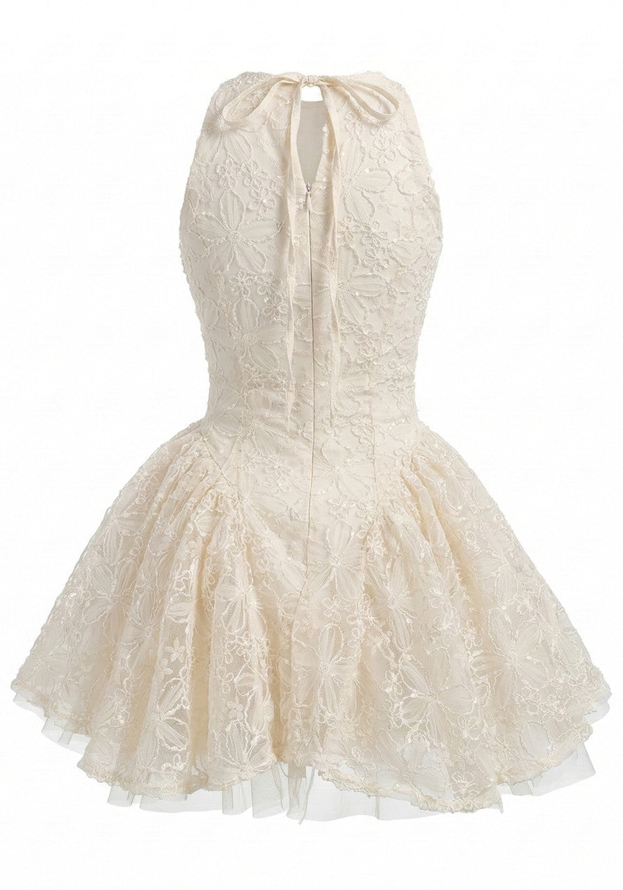 Halter Floral A Line Dress Ivory