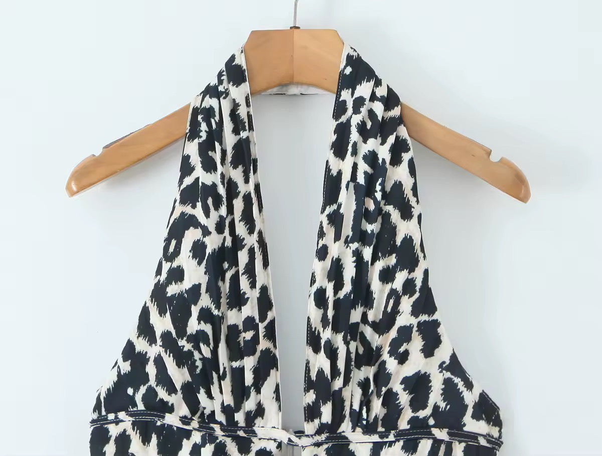 Leopard Dot Pleated Ruched Halter Dress