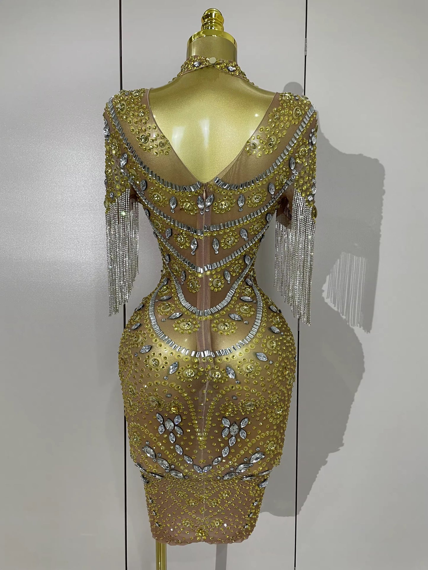 Shining Diamonds Tassel Sexy Mesh See Through Dress