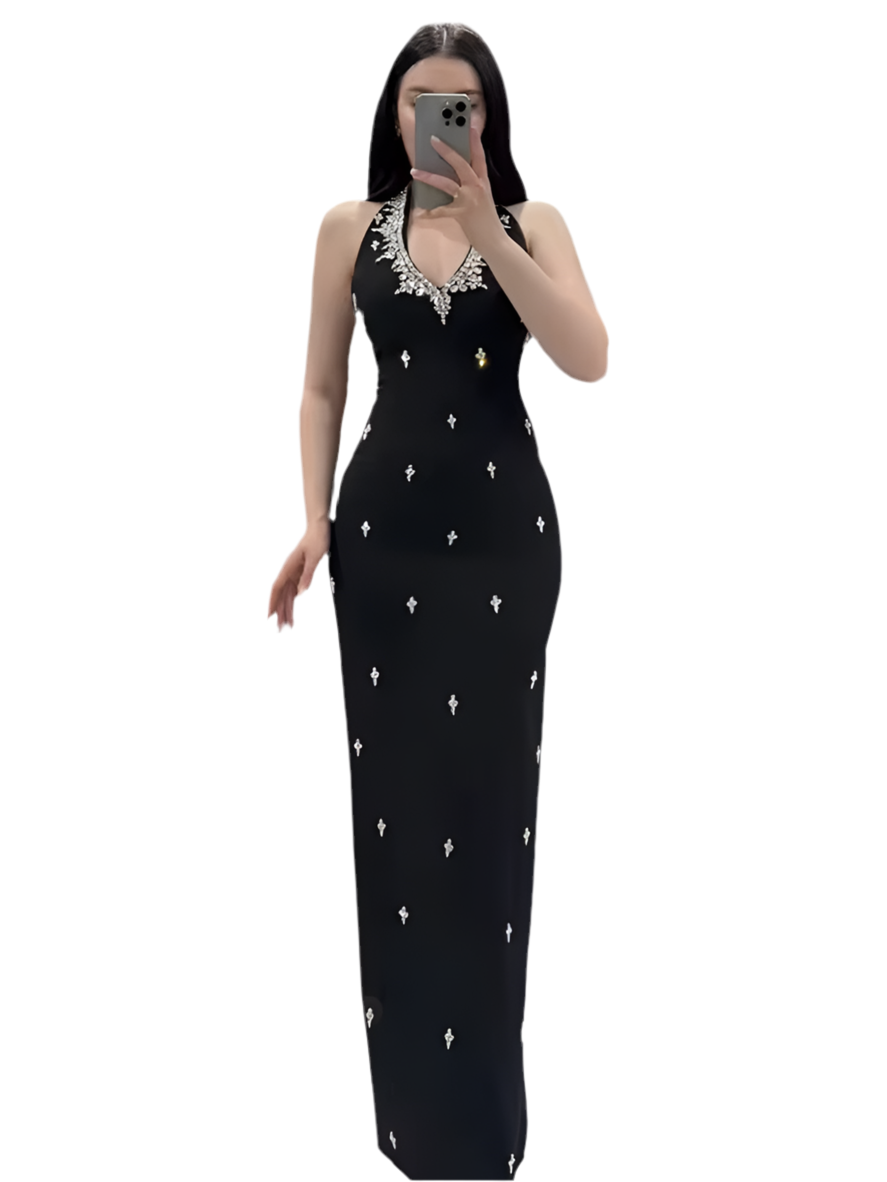 Diamonds Backless Halter Black Maxi Long Bodycon Bandage Dress