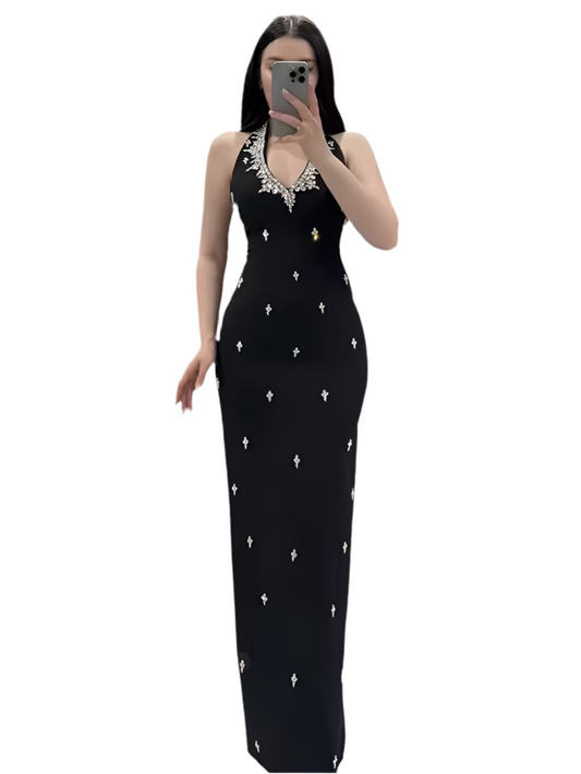 Diamonds Backless Halter Black Maxi Long Bodycon Bandage Dress