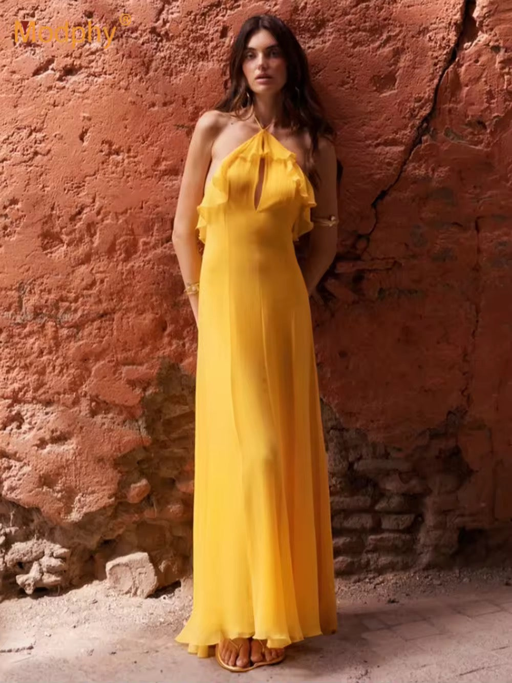 Chic Ruffles Hollow Out Halter Long Vacation Dress