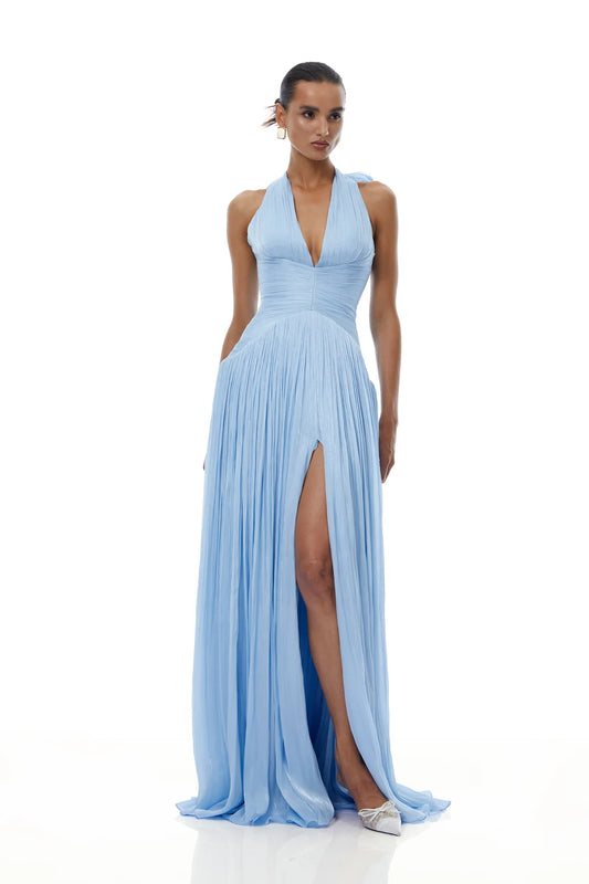 Blue Glossy Gathered Maxi Dress