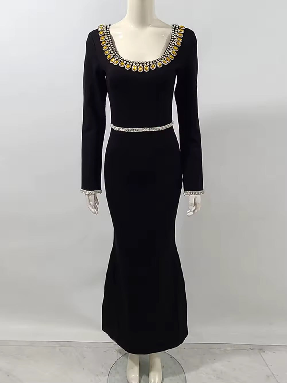 Diamond Tight Long Sleeve Square Neck Long Bandage Dress