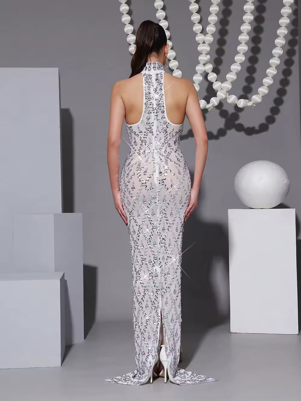 Shining Diamond Sequins Mesh Long Dress Evening Prom Birthday Dress