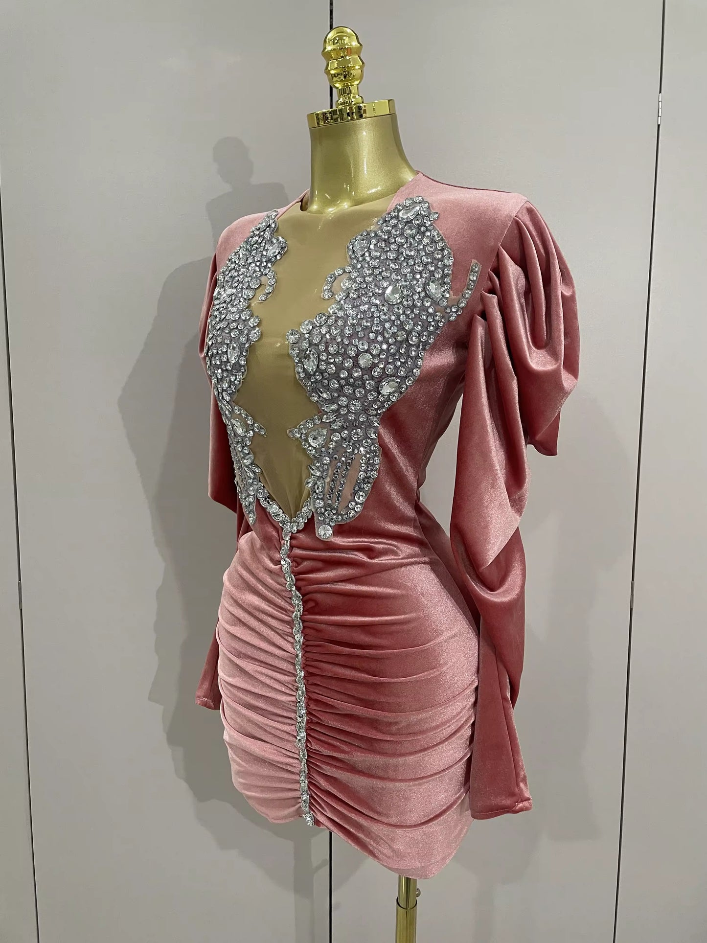 Sparkly Crystals Sexy Mesh Black Velvet Short Dress