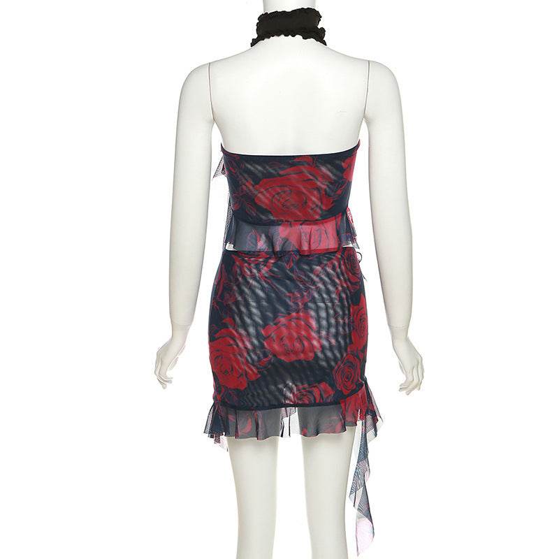 Lace up Scarf Printed Wrapped Chest Cropped Irregular Asymmetric Skirt Set - REBECATHELABEL