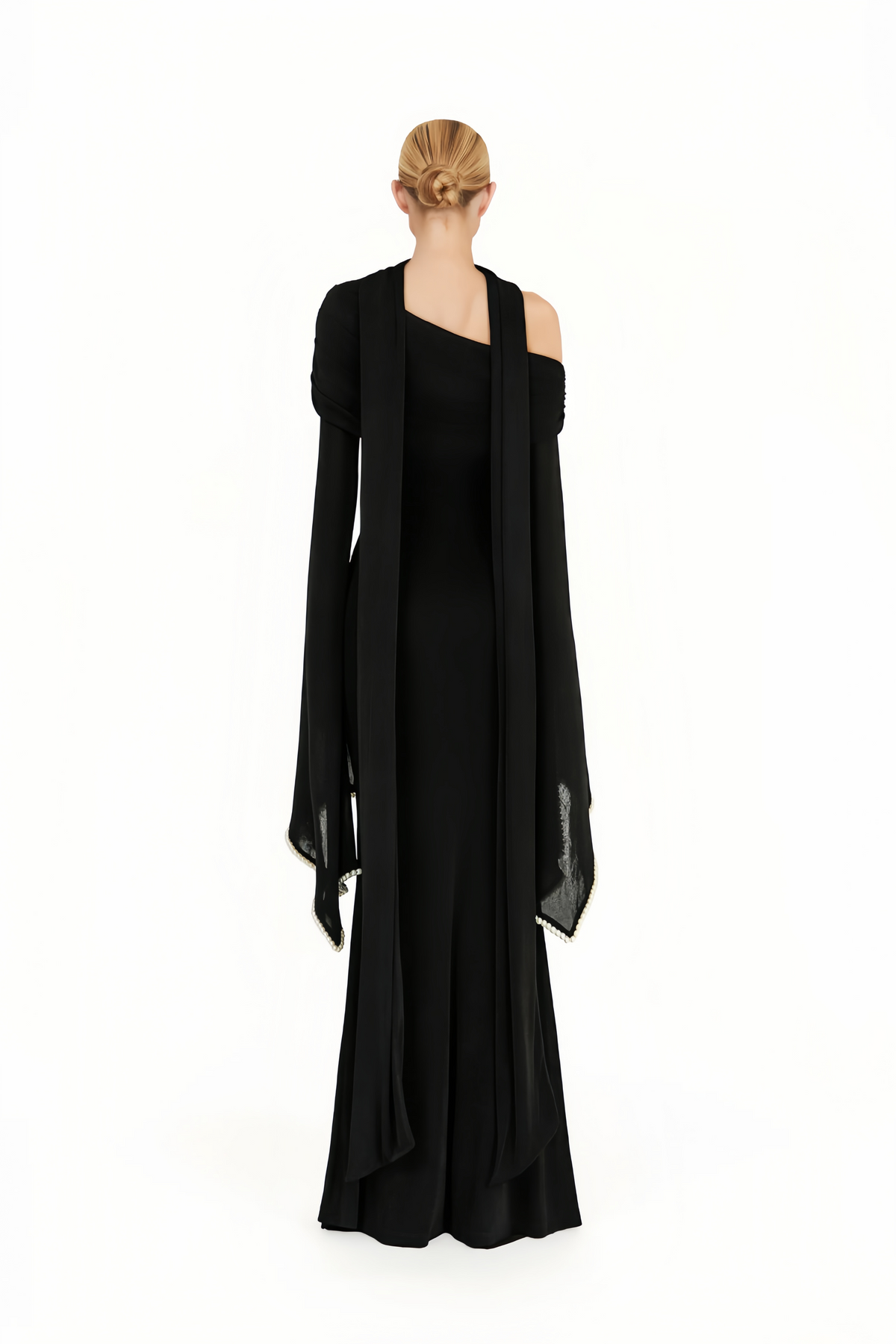 Black One Shoulder Pearl Trim Maxi Gown