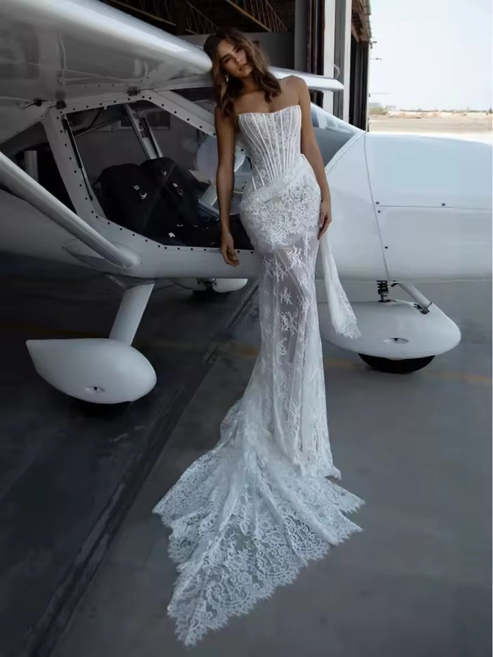White Lace Strapless Long Dress