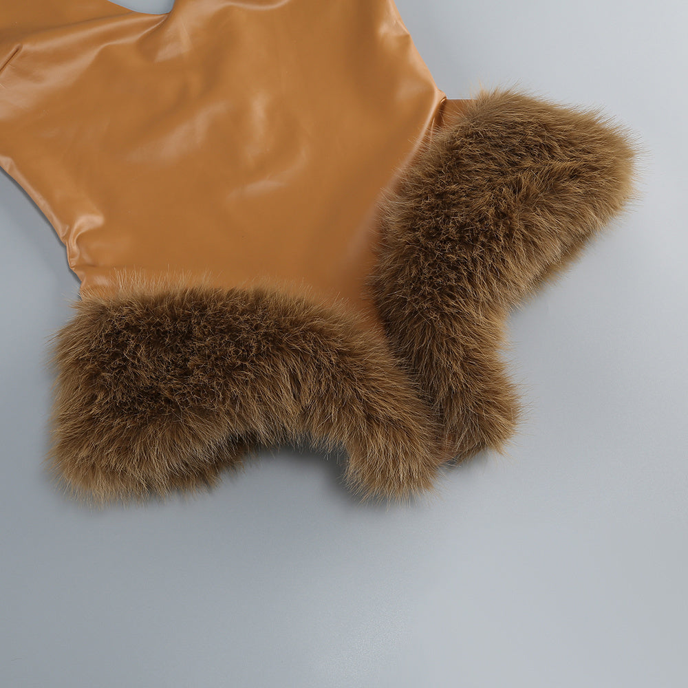 Deep V Neck Faux Leather Fur Patchwork Bodysuit