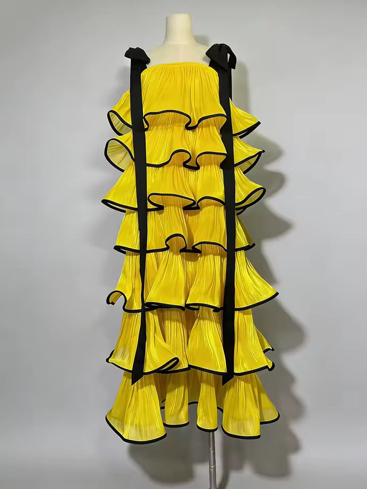 Tiered Ruffles Satin Long Square Neck Sleeveless Bowknot Strap dress