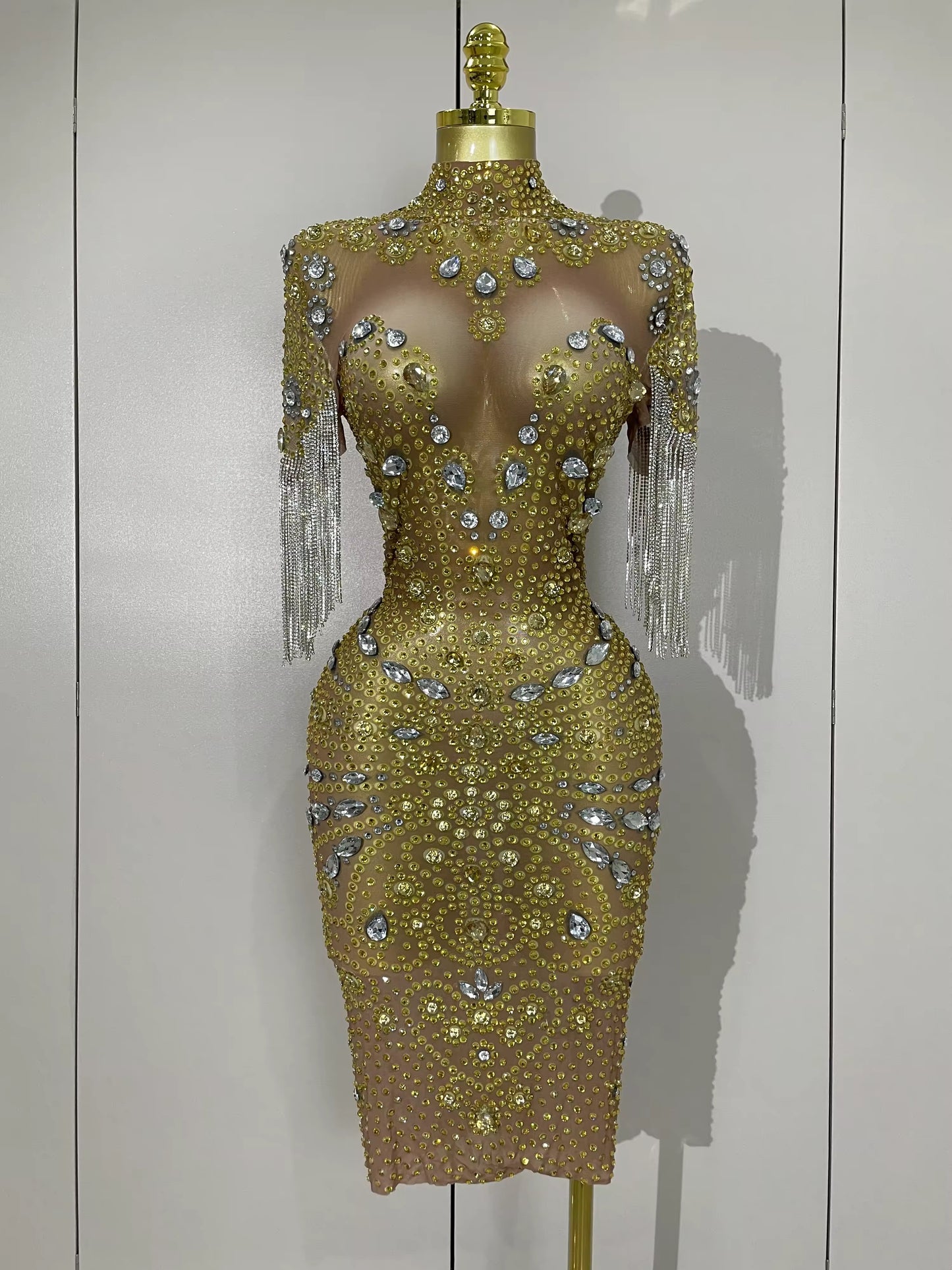 Shining Diamonds Tassel Sexy Mesh See Through Dress