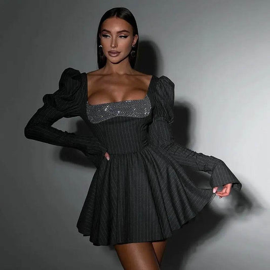 Black Pink Stripe A-line Diamond Sequins Long sleeved Sexy Mini Dress - REBECATHELABEL