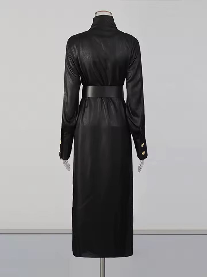 Black Belted Textured Leather Coat