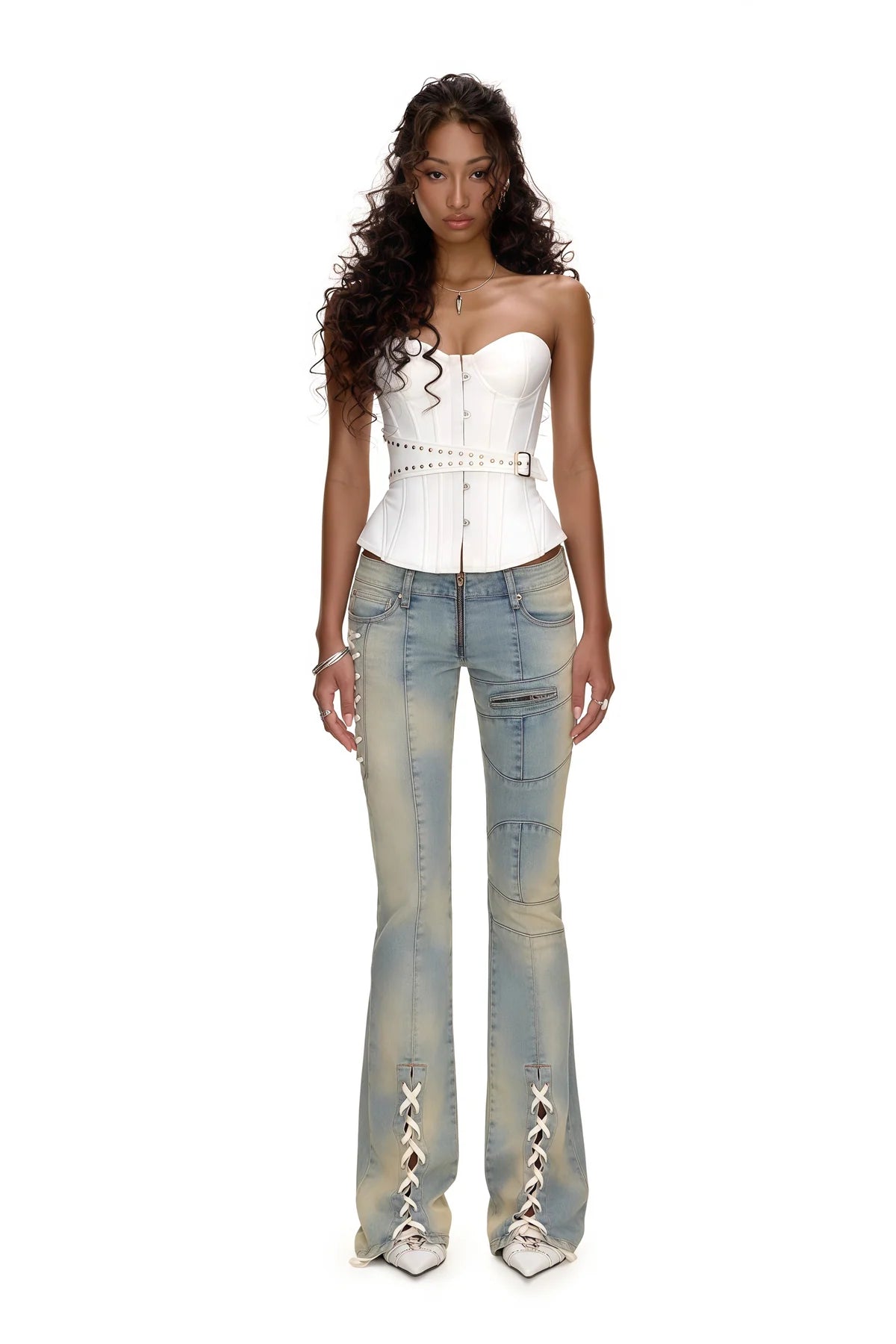 White Studded Belted Corset Top