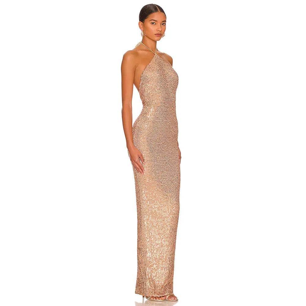 Backless Sleeveless Gold Tight Long Dress - REBECATHELABEL