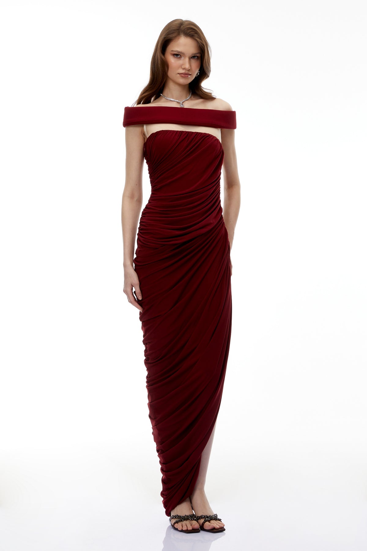 Red Off Shoulder Ruched Maxi Dress