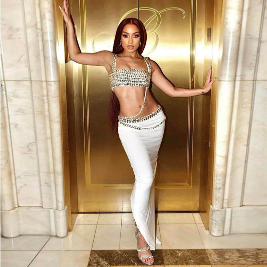 Sparkling Diamond Decoration Short Top Long Skirt Tight 2 set - REBECATHELABEL