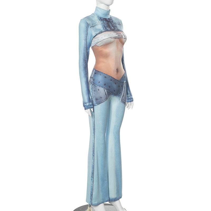 Imitation Denim Body Print Long Sleeve Turtleneck Horn One Piece - REBECATHELABEL