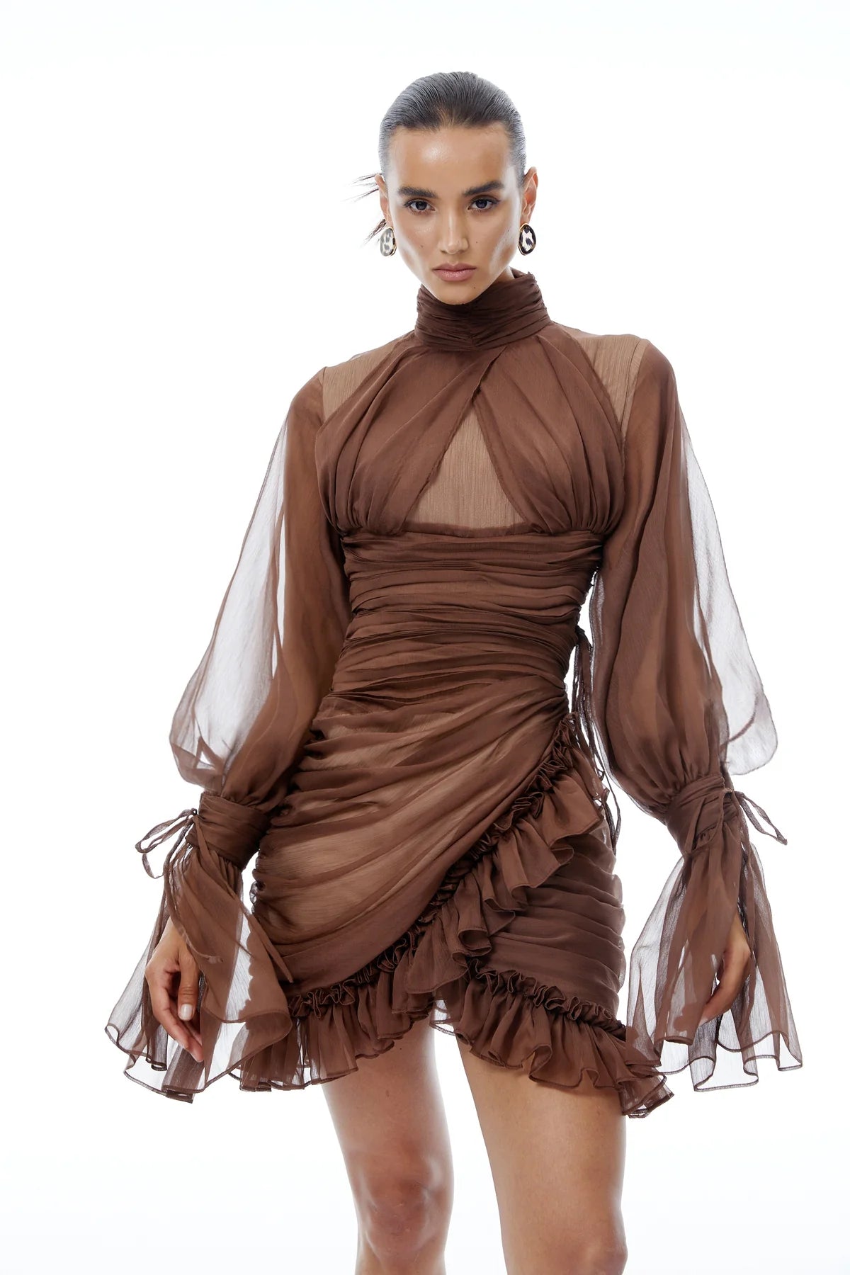 Brown Ruched Tulle Mini Dress