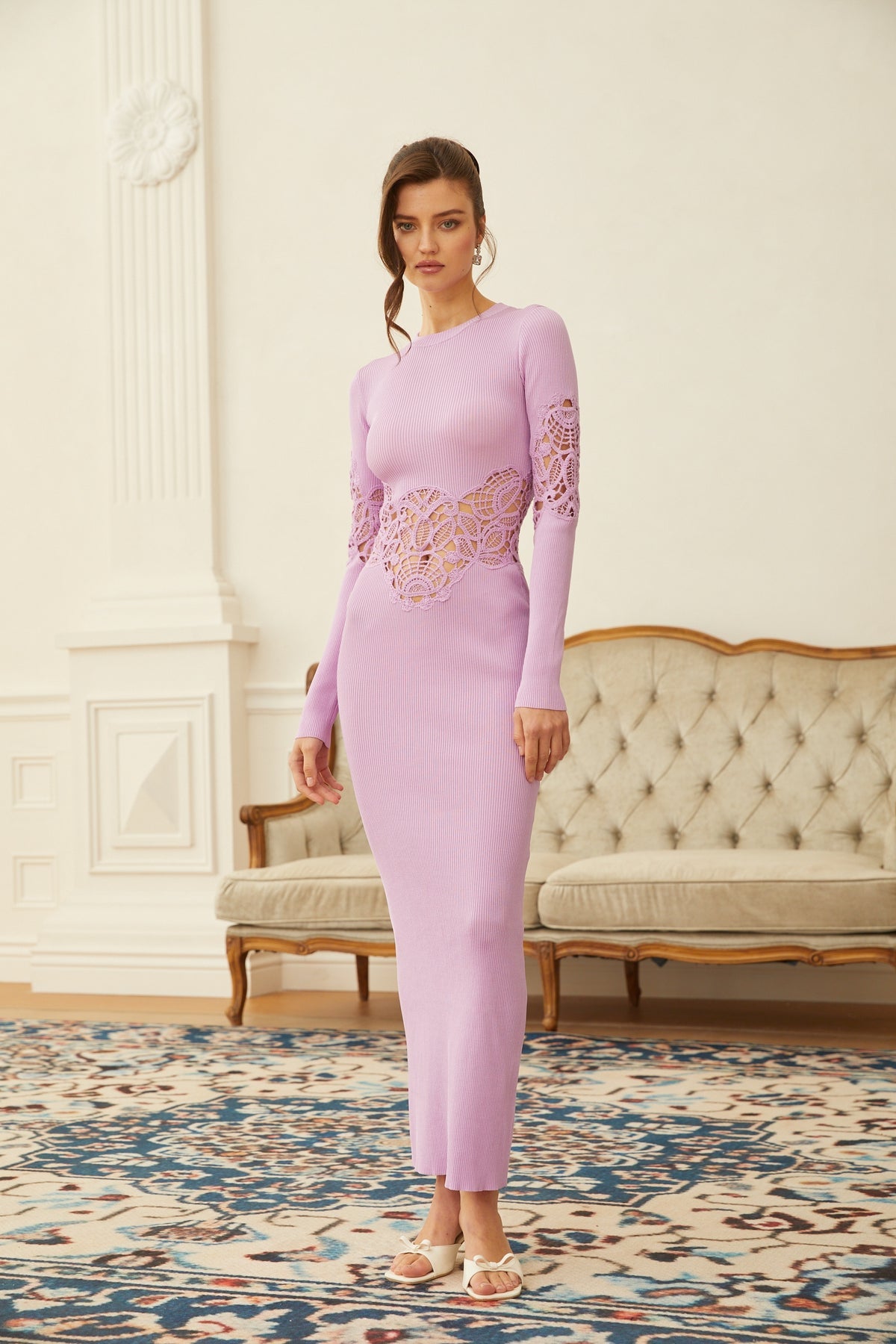 Purple Lace Panel Ribbed Knit Maxi Dress