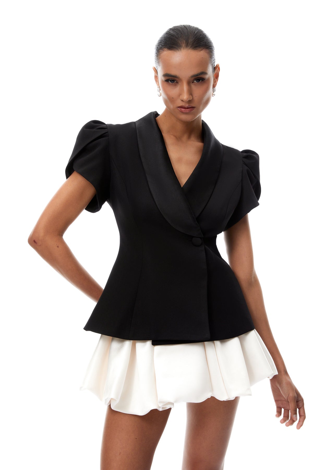 Black Blouse & White Bubble Skirt Set