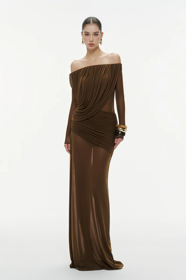 Brown Asymmetrical Draped Mesh Maxi Dress