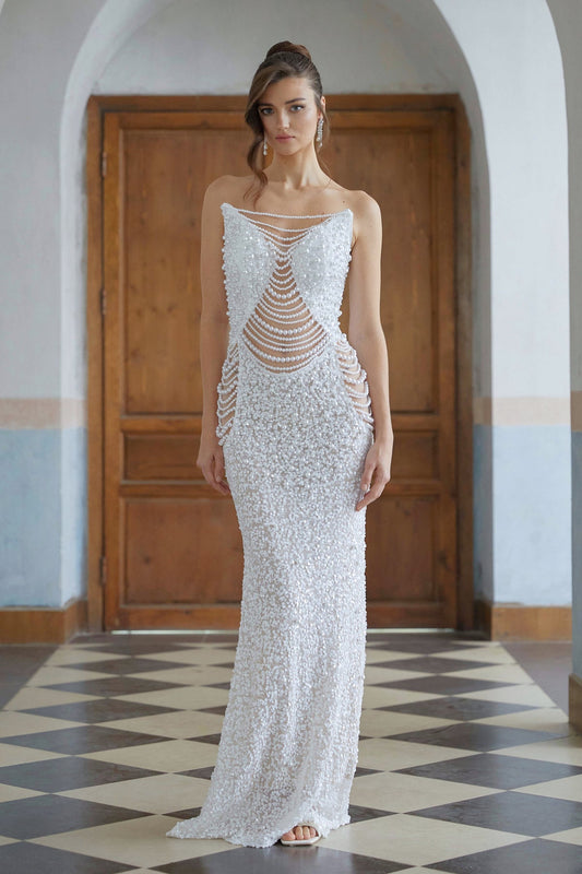 White Faux Pearl Mesh Maxi Gown