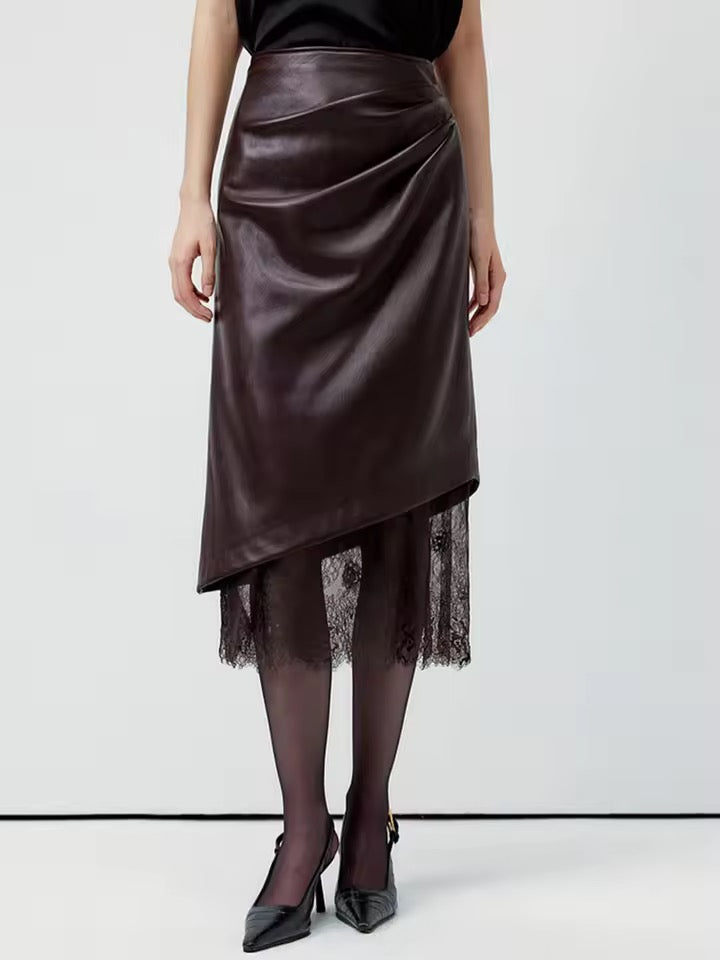Coffee Black Pu Leather Midi Skirt
