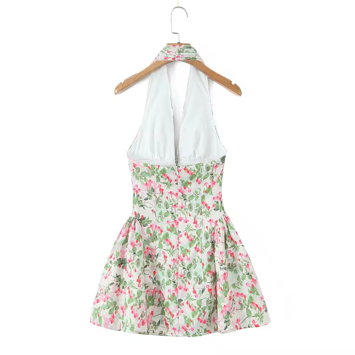 Floral Leaves Print Pleated Ruched Halter Dress